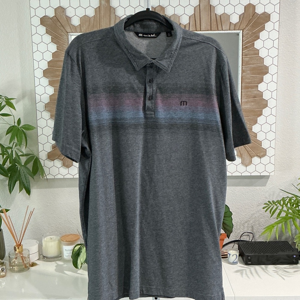 Travis Mathew Gray Polo with Multicolor Stripes
